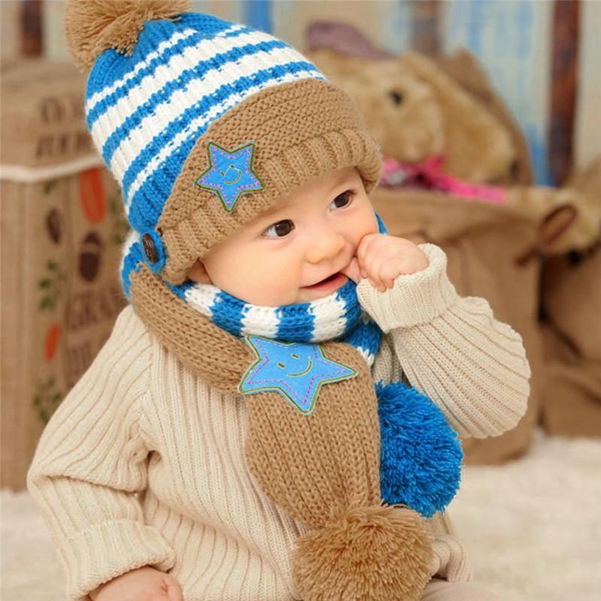 Muts en sjaal set voor kinderen | 1-5 jaar | beige blauw | bol.com