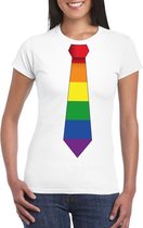Wit t-shirt met regenboog vlag stropdas dames M