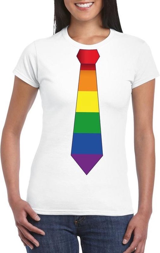 Wit t-shirt met regenboog stropdas dames  - LGBT/ Gay pride shirts M