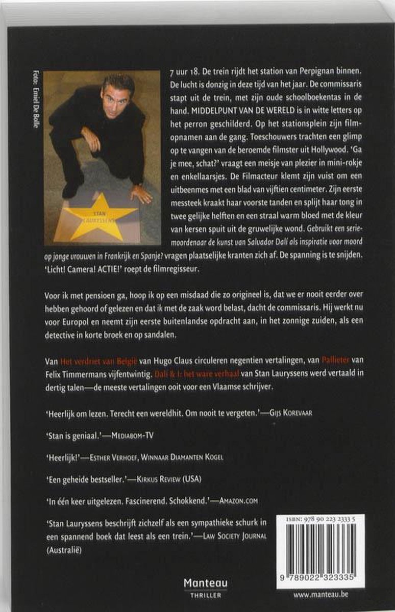 Achterkant van het boek met auteur Stan Lauryrsens, staand op een ster. Tekst over het boek.