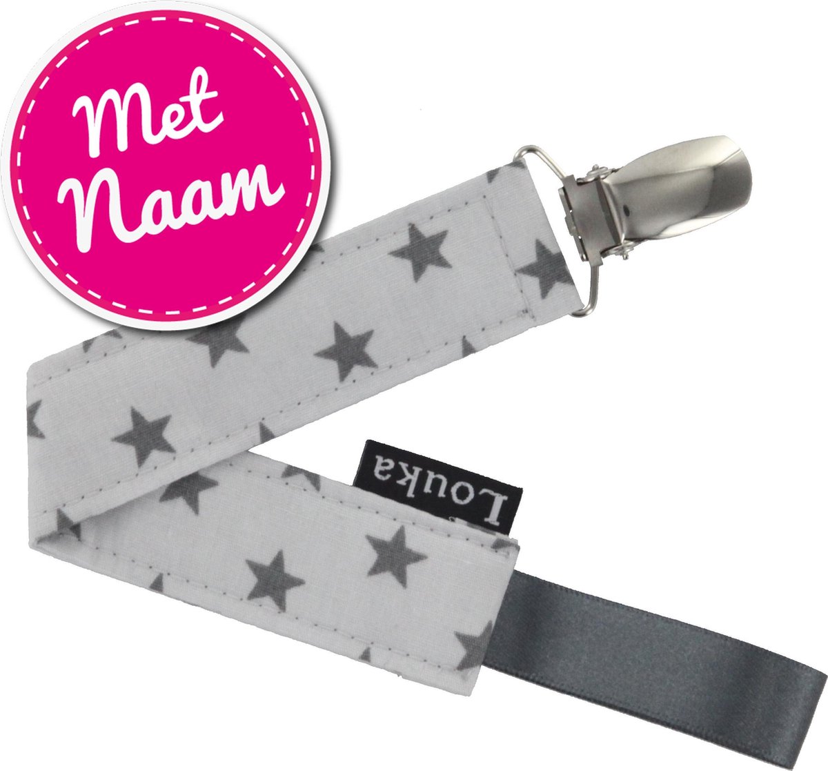 Goedkoopste Louka speenkoord met naam lichtgrijs met donkergrijze ster