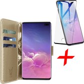 Samsung S10 Plus Hoesje en Samsung S10 Plus Screenprotector - Samsung S10 Plus Hoesje - Samsung S10 Plus Screenprotector - Samsung Galaxy S10 Plus Hoesje Book Case Leer Wallet Goud