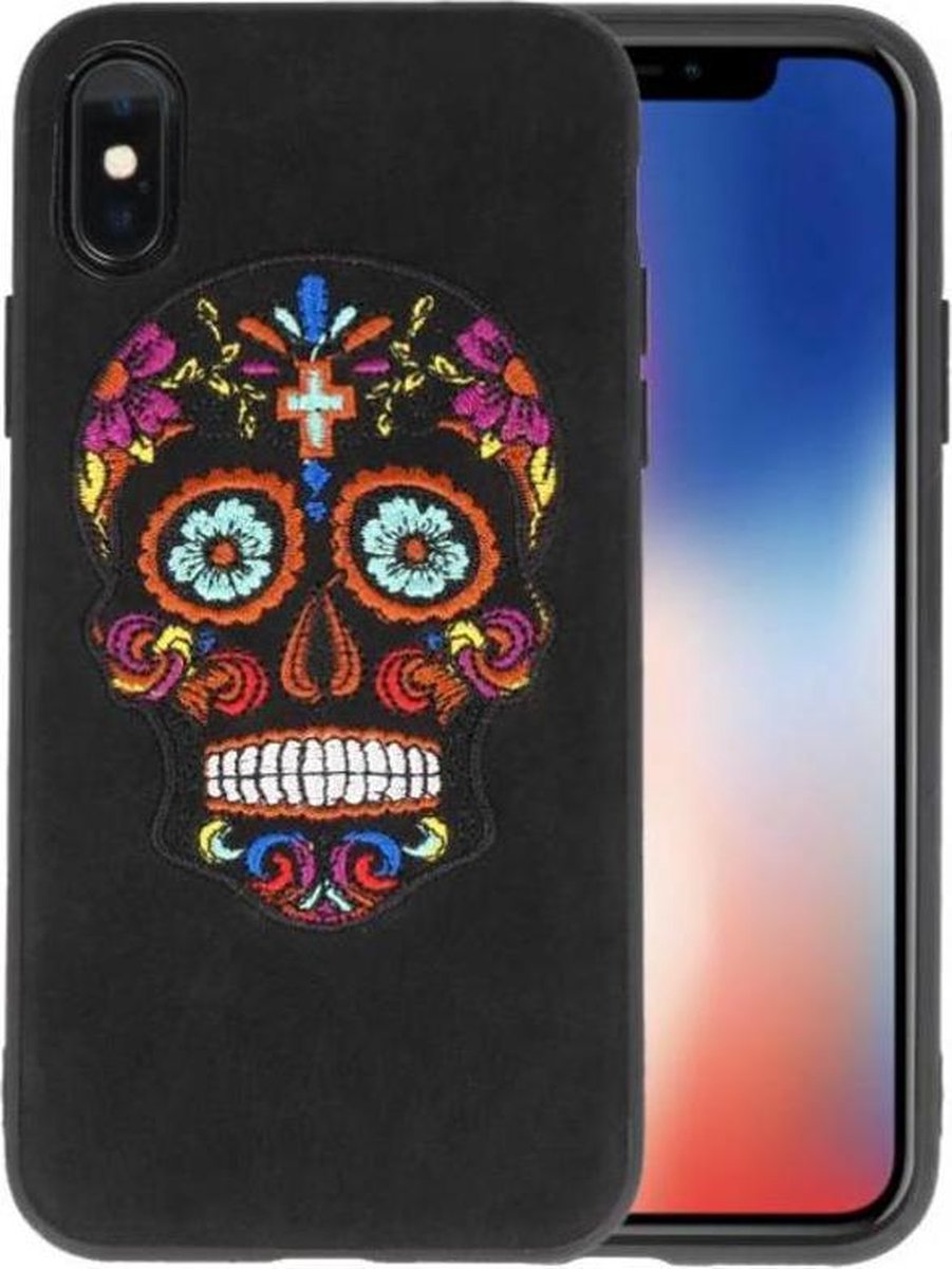 Borduurwerk Doodshoofd Back Cases - Hoesje Geschikt voor iPhone X Zwart