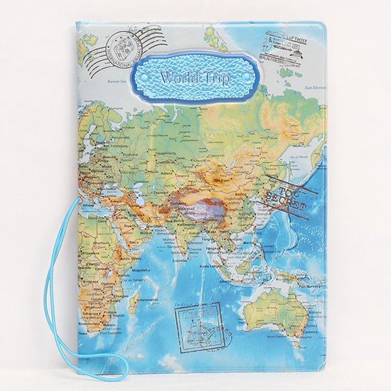 Paspoorthouder met wereldkaart opdruk - blauw - reisportemonnee