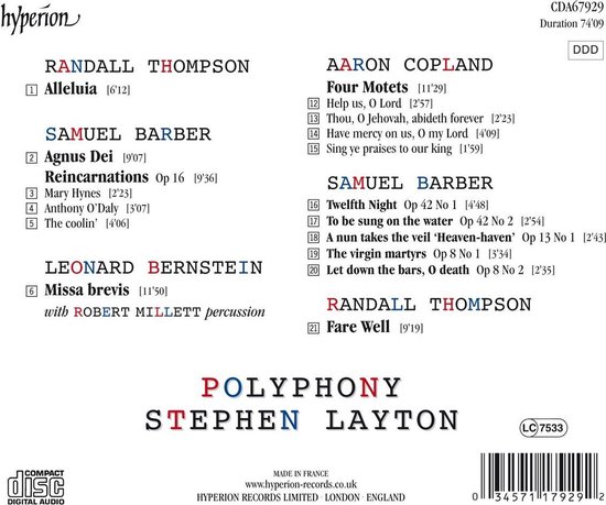 CD hoes met tracklist en namen van componisten en dirigent Stephen Layton. Met logo "hyperion" en "COMPACT DISC DIGITAL AUDIO".