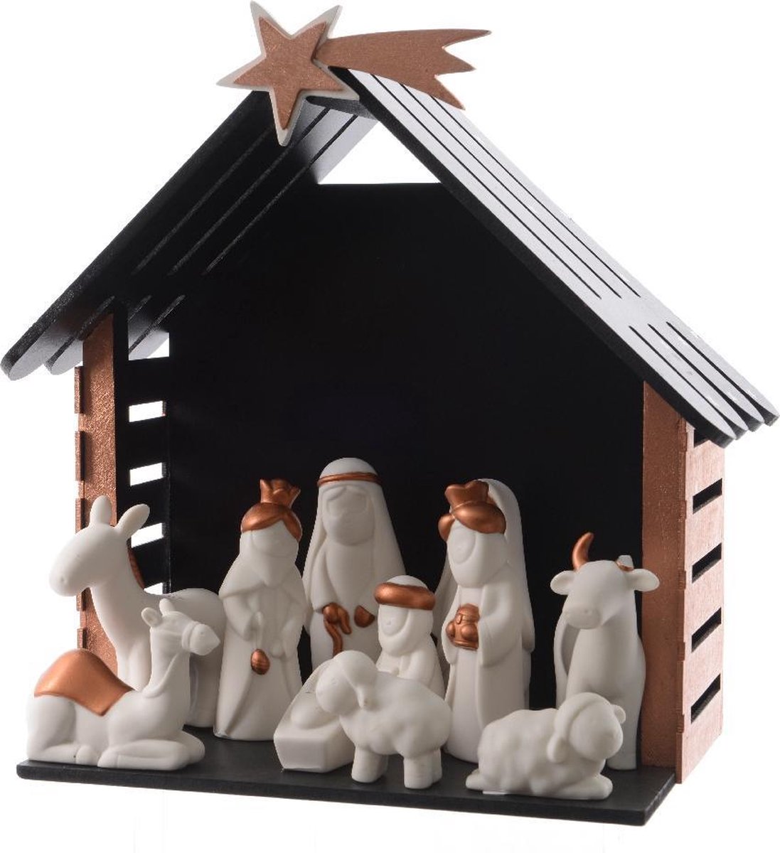 HHCP Kerststal wit goud 26x15x25cm Hout porselein