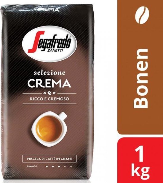 Zegafredo Selezione Crema koffieverpakking, bruin met witte tekst en een kopje koffie.