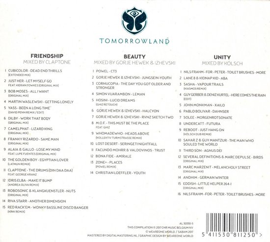 Tomorrowland logo bovenaan, met de titels 'Friendship', 'Beauty' en 'Unity' en de DJ-tracks eronder.