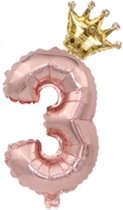 Folie ballon cijfer 3 rosé goud met gouden kroon