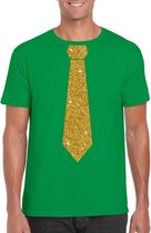 Groen fun t-shirt met stropdas in glitter goud heren M