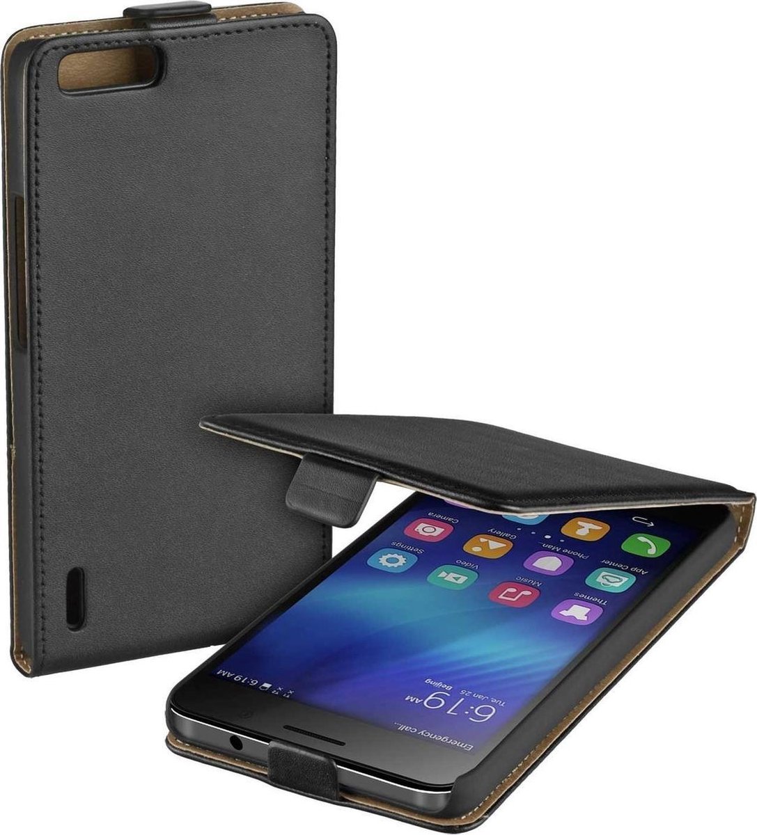 Zwart eco leather flipcase Huawei Honor 6 Plus hoesje