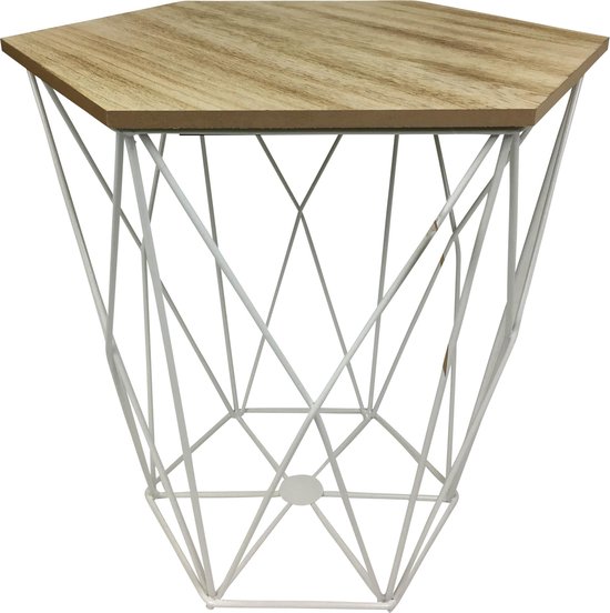 Housevitamin Happy Home Furniture - Metalen Bijzettafel / Basket met houten  deksel - Wit | bol.com