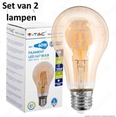 LED Kooldraadlamp Amber glas | ø = 67mm  L = 123mm | 2200K Warm Wit | E27 8W vervangt 60W | Set van 2 stuks