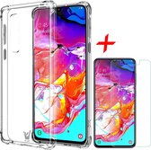 Hoesje geschikt voor Samsung Galaxy A70 - Anti Shock Proof Siliconen Back Cover Case Hoes Transparant - Tempered Glass Screenprotector