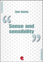 Boek kaft met de titel 'Sense and sensibility' van Jane Austen, met grote tekst en tekstballonnen.
