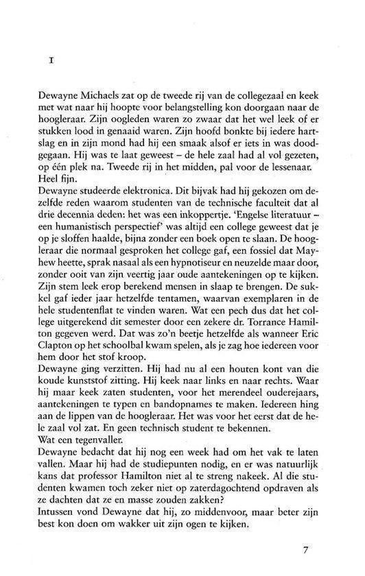 Tekstpagina 7 uit een boek, introducerend Dewayne Michaels tijdens een college.