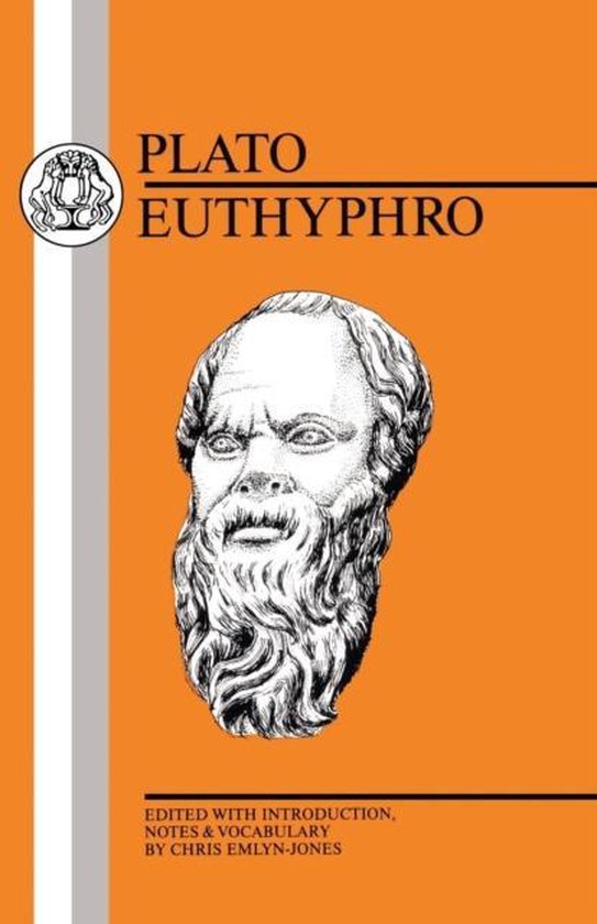 Boekomslag met de tekst "PLATO EUTHYPHRO" en een portret van Socrates.