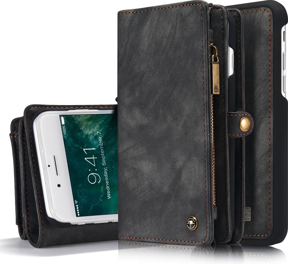 CaseMe - iPhone 7 Plus - Luxe Portemonnee Hoesje met uitneembare backcover - Zwart