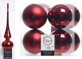 Kerstboom decoratie rood piek en 8x kerstballen 10 cm