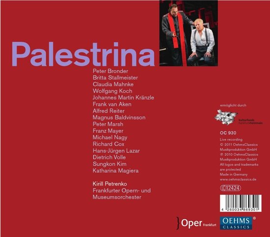 Boekhoes met de titel Palestrina. De achterkant toont een lijst met namen van artiesten en informatie over de opname. Twee mannen in theaterkostuums staan vooraan.