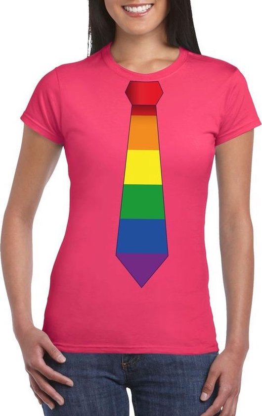 Roze t-shirt met regenboog stropdas dames  - LGBT/ Gay pride shirts XXL