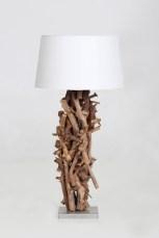 bol.com | Tafellamp hout brocante perentak 60 cm met witte kap