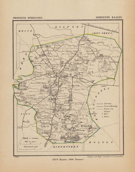 Historische kaart, plattegrond van gemeente Raalte in Overijssel uit 1867 door Kuyper van Kaartcadeau.com