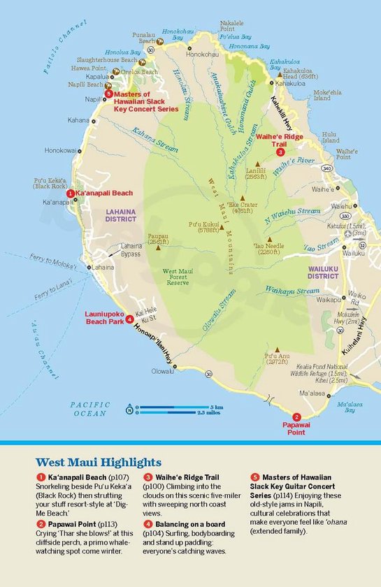 Gedetailleerde kaart van West-Maui, met belangrijke locaties zoals Ka'anapali, Lahaina en de Waihe'e Ridge Trail.