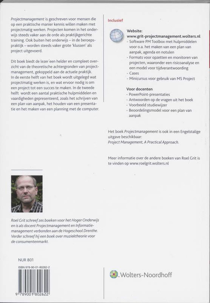 Achterkant boek 'Projectmanagement' met beschrijving, website, foto van Roel Grit en ISBN.
