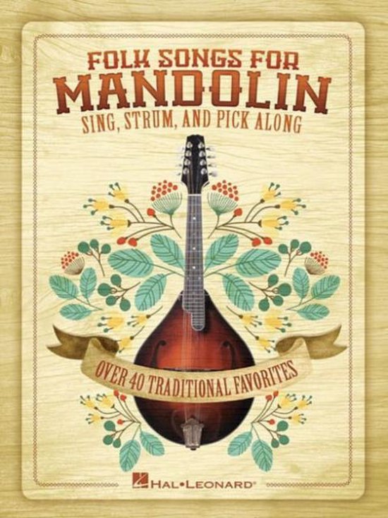 Boek "Folk Songs For Mandolin" met een mandoline afgebeeld in het midden, omringd door bloemen en bladeren.
