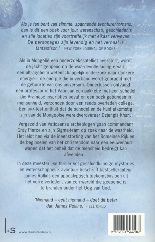 Boekomslag met tekst over het boek 'Het Oog van God'.