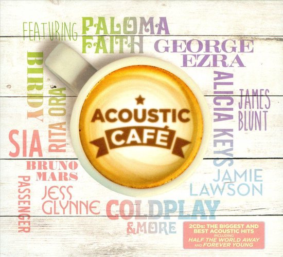 Kop koffie met 'ACOUSTIC CAFE' erop, omringd door namen van artiesten als Paloma Faith, George Ezra, Sia, Coldplay.