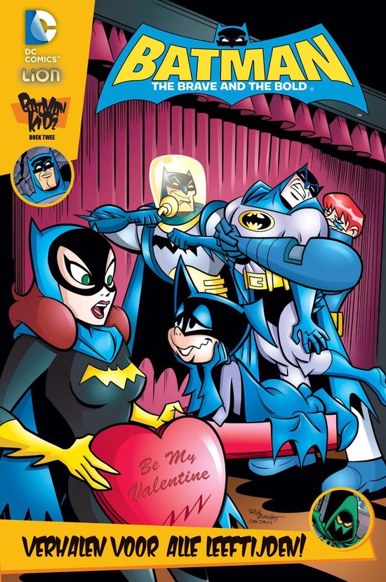 Een stripboekomslag met Batman, Batgirl en Robin in blauw en grijs. Batgirl houdt een rood hart vast met 'Be My Valentine' erop.