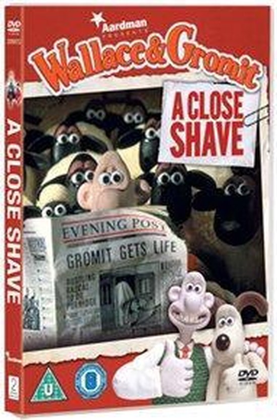 DVD hoes "Wallace & Gromit: A Close Shave". Wallace en Gromit lachen met een krant "Gromit Gets Life". Schapen op de achtergrond.