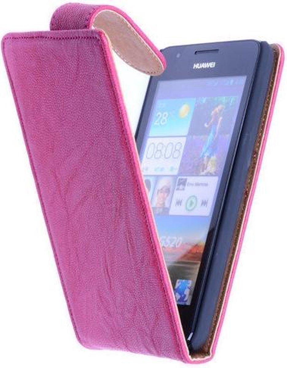 Polar Echt Lederen Huawei Ascend G525 Flipcase Hoesje Fuchsia - Cover Flip Case Hoes