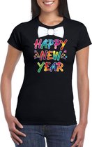 Happy new year t-shirt met vlinderstrikje voor oud en nieuw voor dames - zwart - Nieuwjaarsborrel kleding S