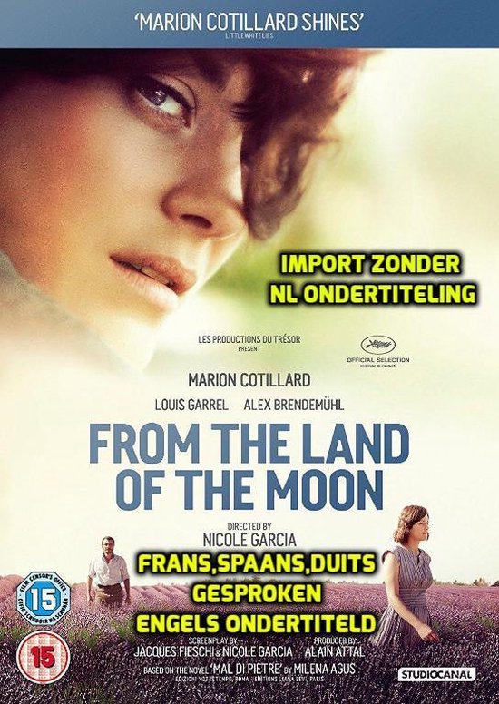 Voorzijde dvd-hoes van 'From the Land of the Moon' met Marion Cotillard op de voorgrond en een lavendelveld met twee mensen op de achtergrond. Gegevens over de film.
