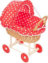 Rieten Poppenwagen - Stoffen Kap - Rood met stip