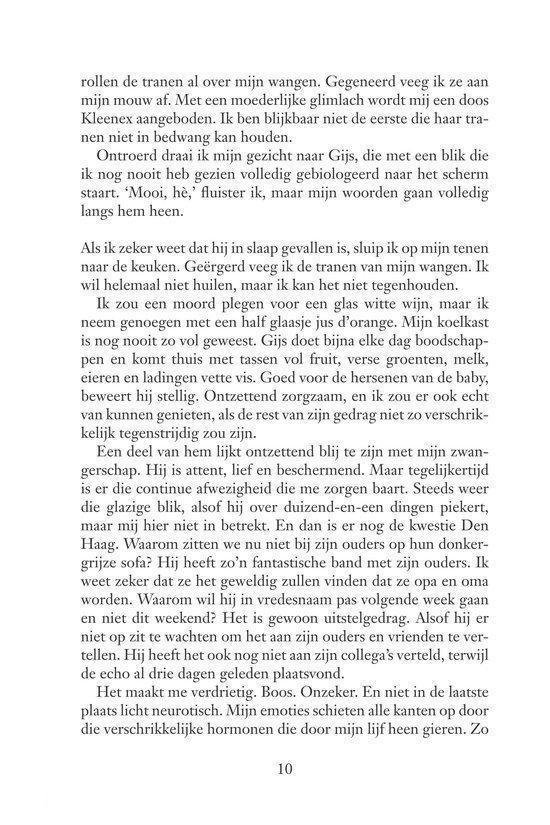 Pagina 10 van "Zestig dagen" met tekst over emoties, zwangerschap en relatieperikelen.