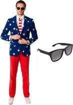 Heren kostuum / pak met Amerikaanse vlag print maat 52 (XL) - met gratis zonnebril
