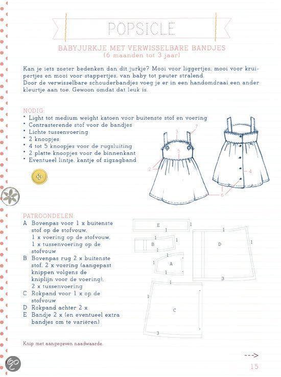 Patronen voor een babyjurk met verwisselbare bandjes, inclusief naaipatronen en benodigdheden.
