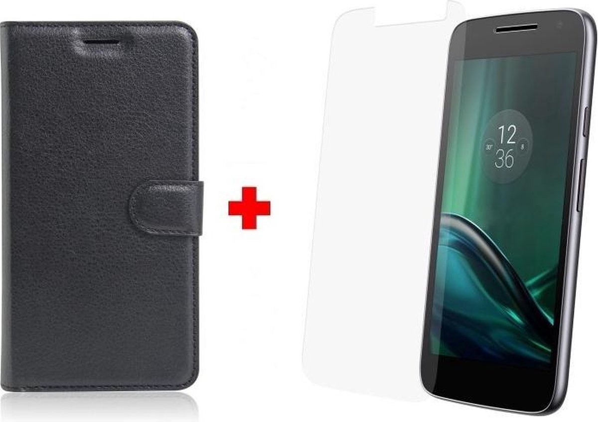 Motorola Moto G4 Play zwart agenda hoesje + Glas screenprotector