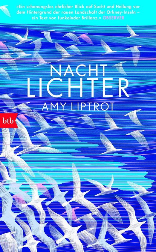Couverture de livre avec le titre NACHT LICHTER par AMY LIPTROT, sur fond bleu aqua avec des oiseaux blancs.