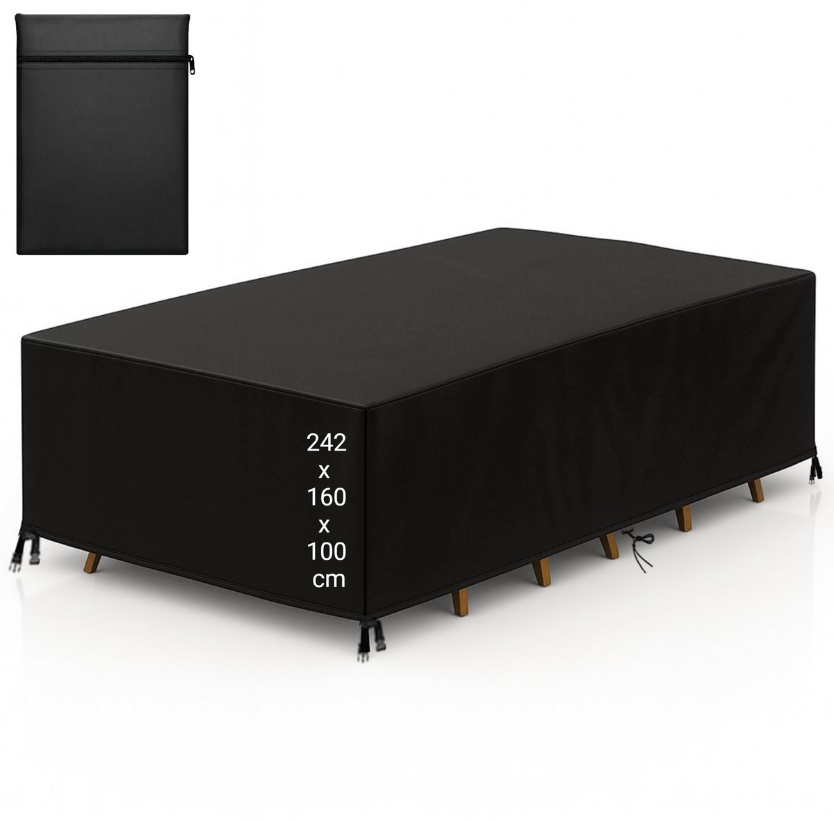 Tuinset Beschermhoes Waterdicht met Trekkoord - Premium - 242 x 160 x 100 - Zwart - hoes Tuinmeubel - Tuinmeubelhoes - Tuinsethoes - Loungeset Hoes - Tuintafel Hoes