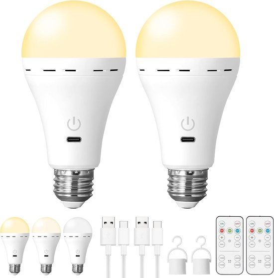 Kimjo Oplaadbare Gloeilamp met Batterij, Afstandsbediening E27 USB 7W, Oplaadbare 3 Kleuren Dimbaar met Tijdfunctie, Touch Control Outdoor Noodverlichting 2 Stuks Kimjo Oplaadbare Gloeilamp met Batterij, Afstandsbediening E27 USB 7W, Oplaadbare 3 Kleuren Dimbaar met Tijdfunctie, Touch Control Outdoor Noodverlichting 2 Stuks