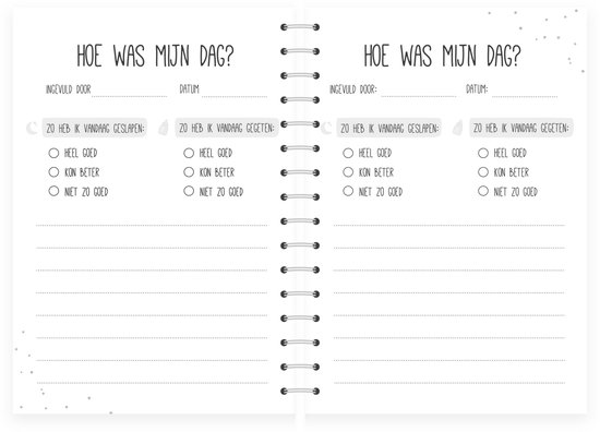 Open invulboek met aan beide kanten de tekst "Hoe was mijn dag?", invulvelden en keuzevakjes.
