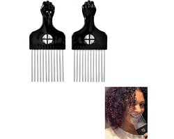 Afro kam - comb - Black fist - Krullenkam - Krullen - Krullenkam - Krullen - Curly Girl methode - Kapperskam - Kapper - Afro Kam - Afro Comb - Afro Pick - Styling Pik Afro Comb - Hair comb - Krullen - Zwart - 2 stuks