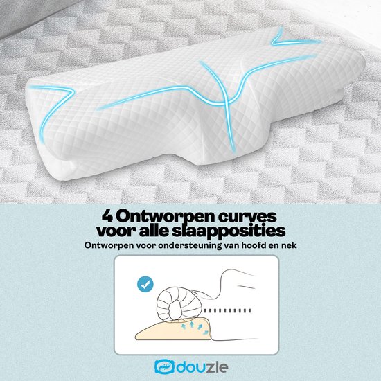 Wit traagschuim kussen met 4 ontworpen curves voor alle slaapposities. Illustratie toont nekondersteuning.
