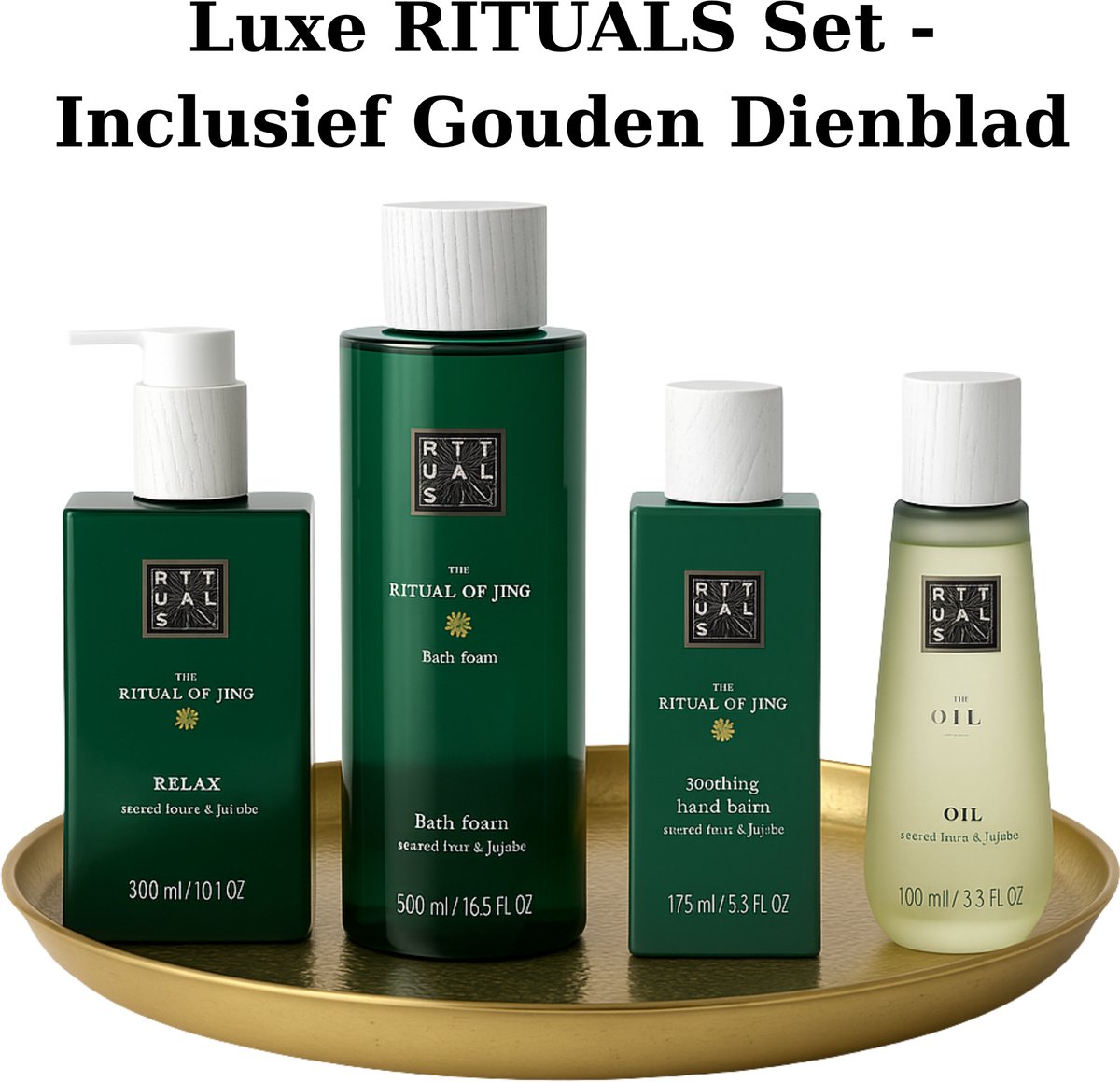 Rituals - Geschenkset - Jing - Hand Wash 300 ml + Kitchen Hand Balm 175 ml + Bath Foam 500 ml + Hair Body Oil 100 ml + Gouden Dienblad - Cadeau Set - Rituals Producten - Handzeep 300 ml