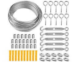 Staalkabelset - 46Stuks - 20m x 2mm Staalkabel - Kabelset - Touwspanset - Met Haken, Schroefogen & Bevestigingen - Voor Tenttouw, Waslijnen & Buitenverlichting - RVS - Zilver